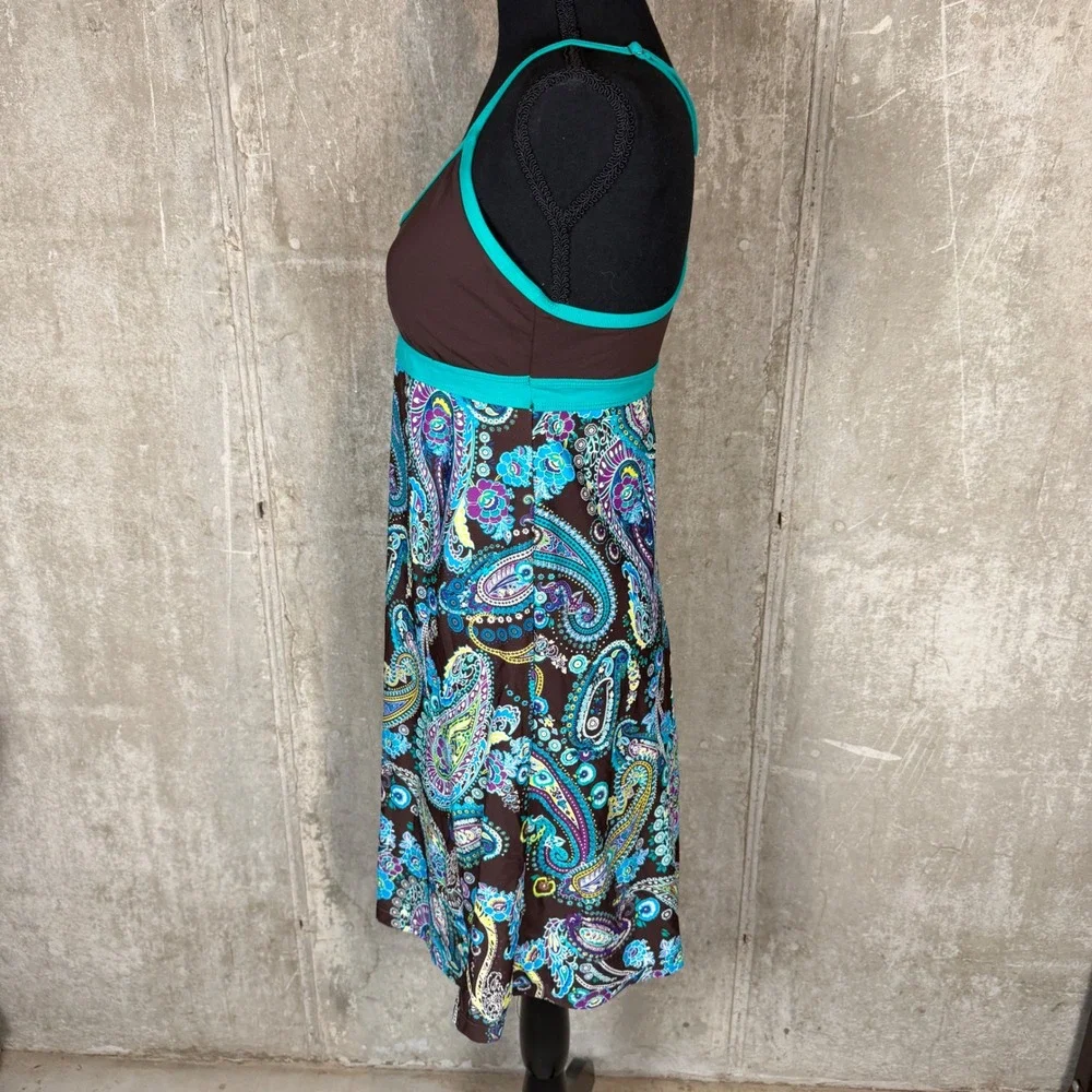 Athleta Brown Teal Paisley Swim Dress Small Shelf Bra Adjustable Racerback Mini